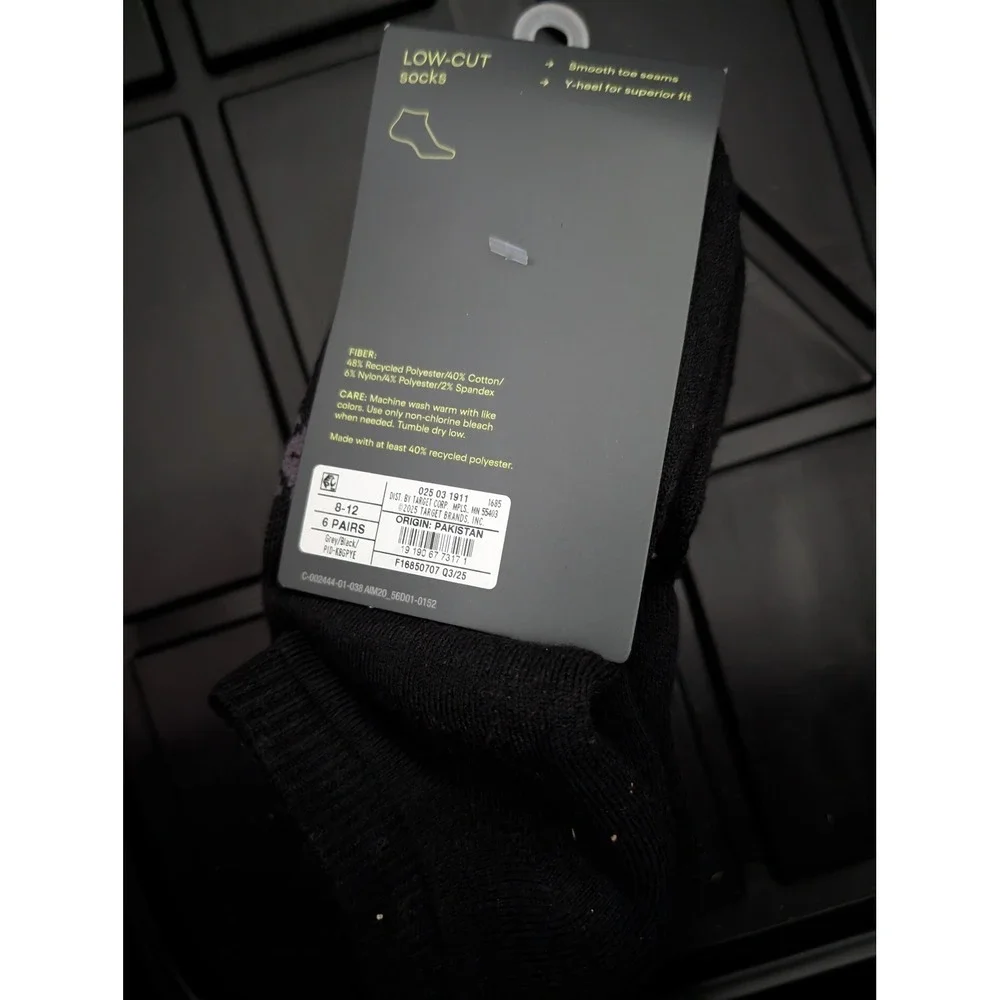 All in Motion Low Cut Socks 6 PK Mens 8-12 Grey Black Moisture Wicking Athletic